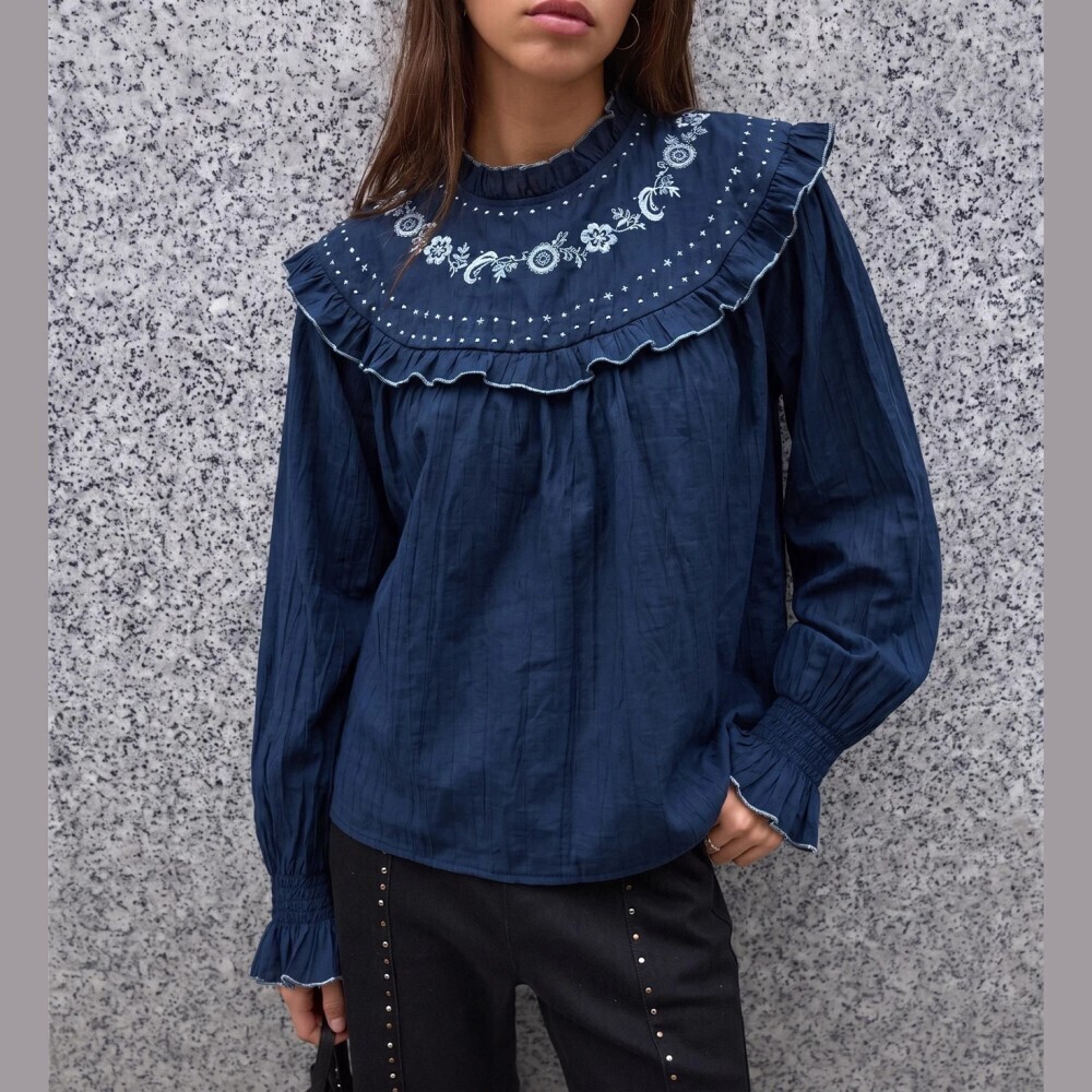 Navy Blue Floral Patterned Ruffle Yoke Stand Collar Blouse